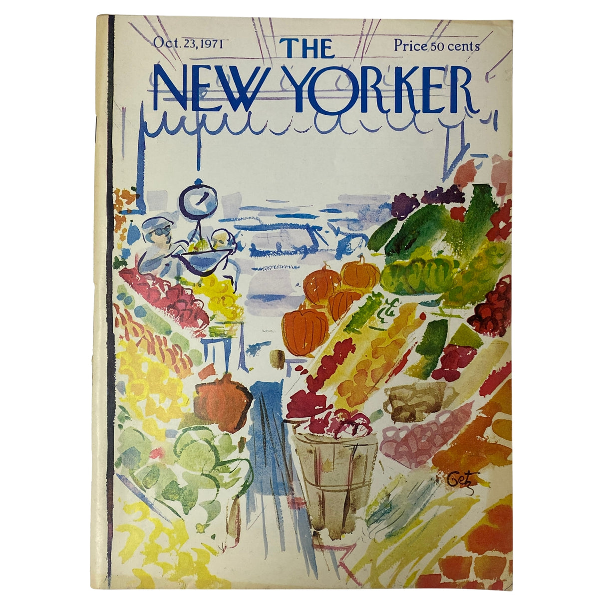 Cover of The New Yorker Full Magazine – October 23, 1971 featuring a vibrant illustration by Arthur Getz, depicting a market scene with various fruits and vegetables.
