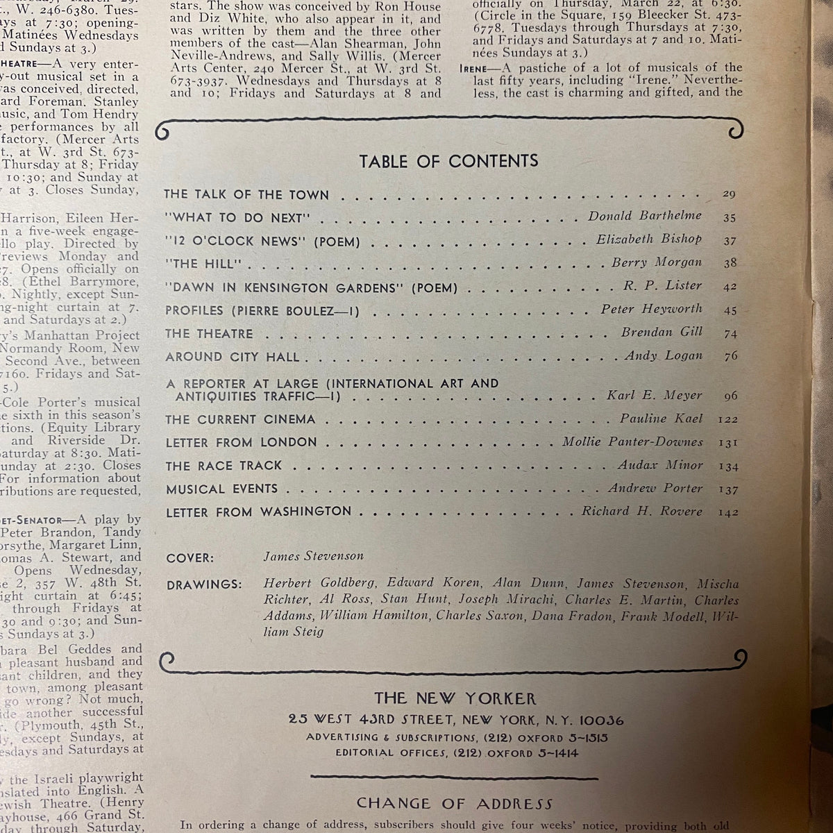 Table of Contents from The New Yorker Full Magazine March 24, 1973, listing articles and contributors including Donald Barthelme and Mollie Panter-Downes.