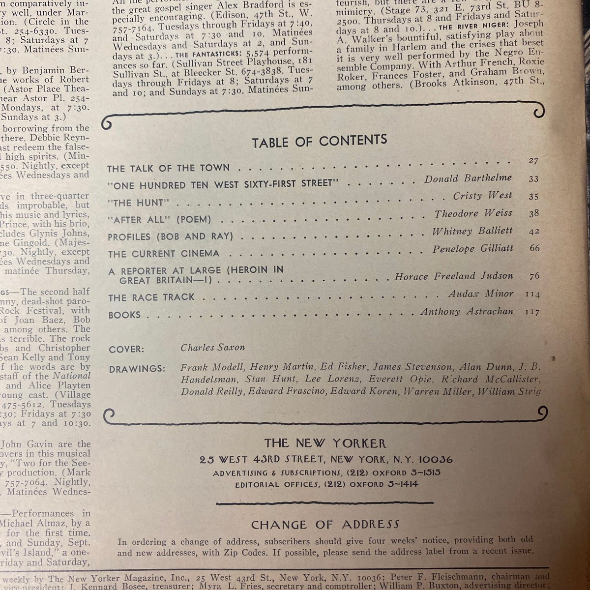 Table of Contents for The New Yorker Full Magazine September 24, 1973, featuring articles by Donald Barthelme, Cristy West, and others, with a cover illustration by Charles Saxon in very good condition.