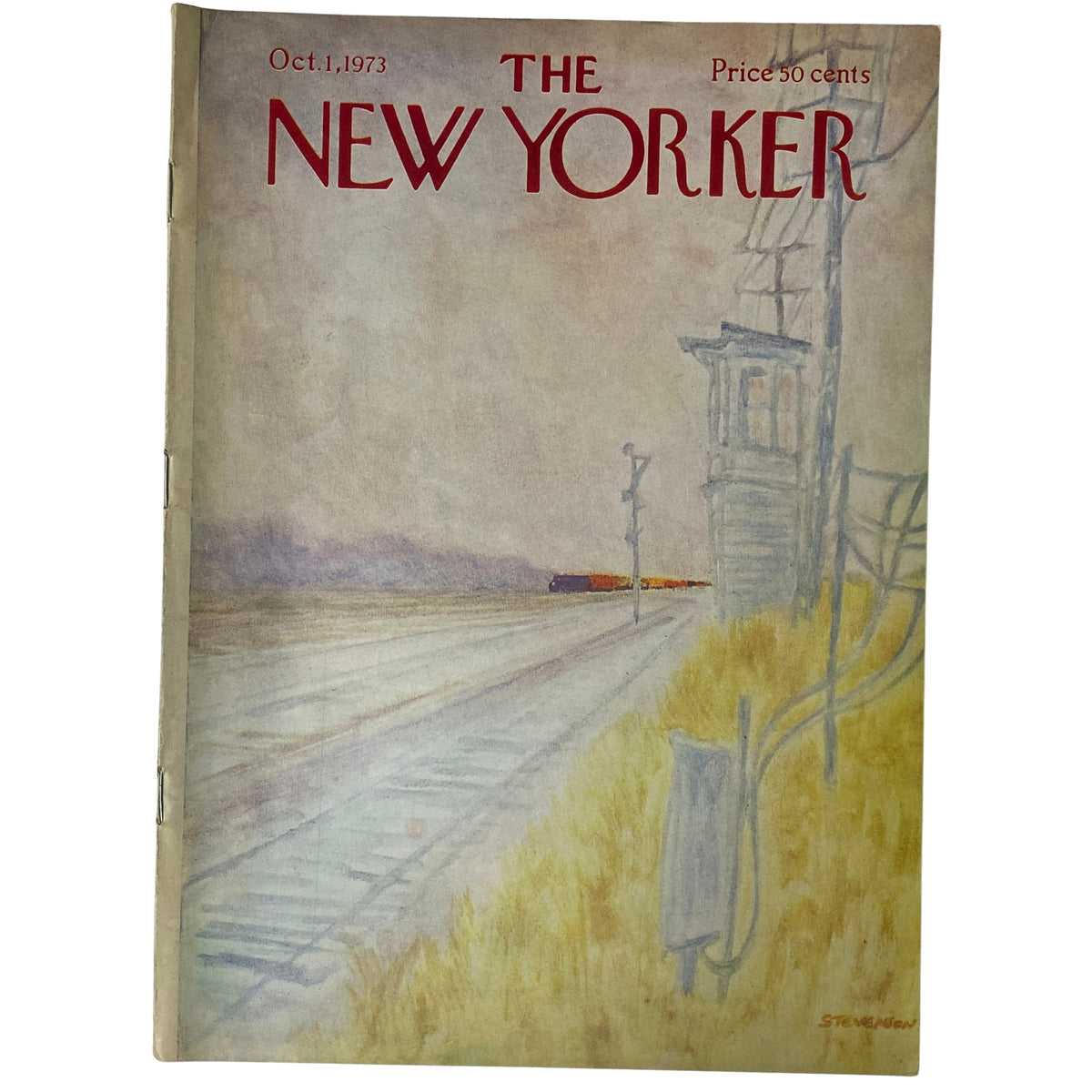 The New Yorker Full Magazine October 1, 1973 cover featuring a watercolor illustration by James Stevenson, showcasing a serene landscape with train tracks.
