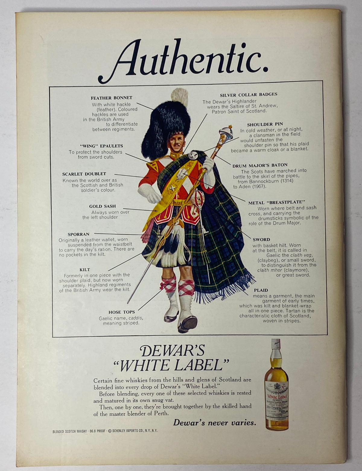 Back cover advertisement for Dewar's White Label whisky in The New Yorker Full Magazine October 30, 1971, highlighting Scottish heritage and traditional attire.