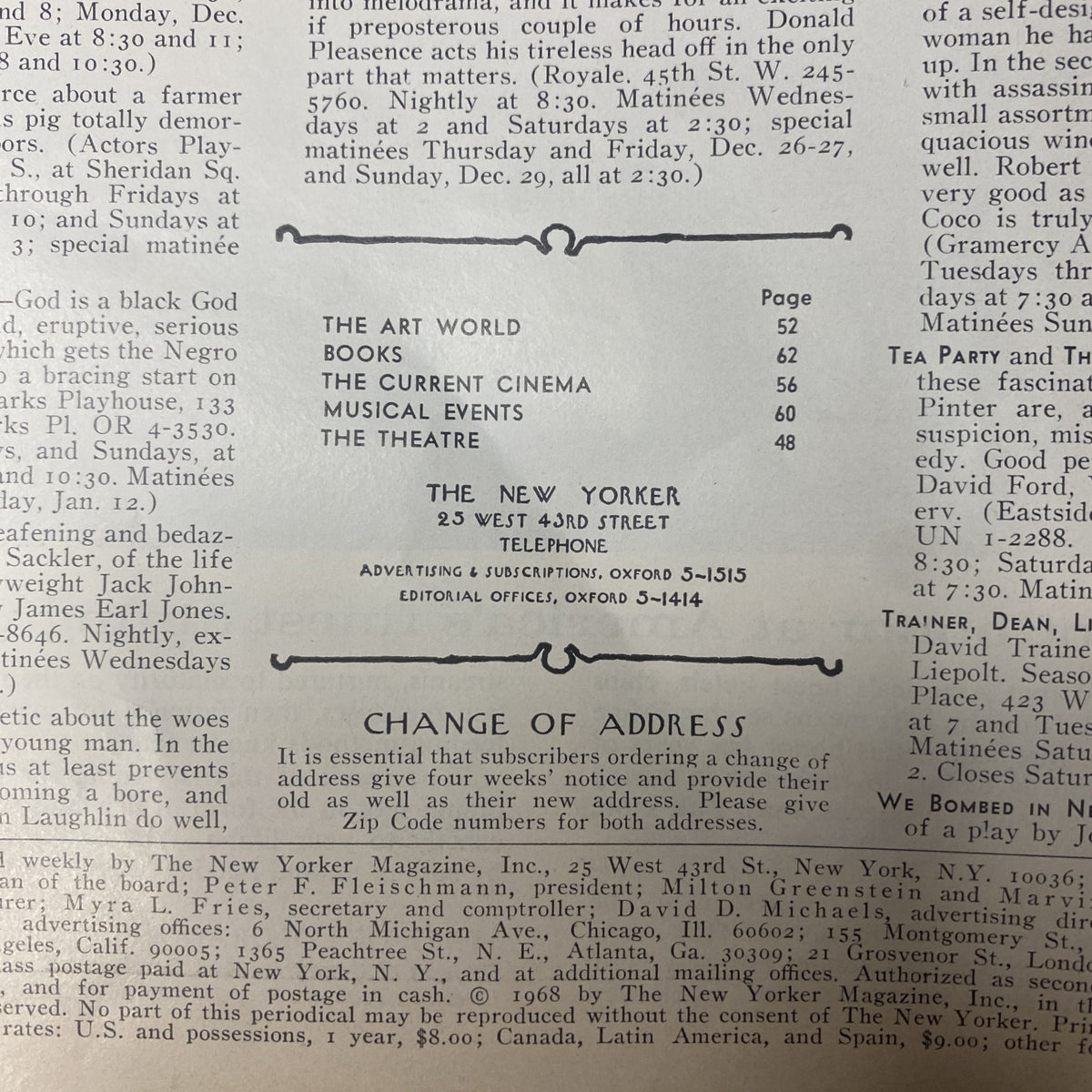 Inside page of The New Yorker Full Magazine December 28, 1968 showcasing the Table of Contents, including sections on The Art World, Books, Current Cinema, and Theatre, emphasizing its literary and cultural insights.