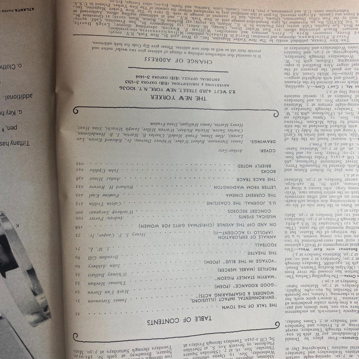 Table of Contents page from The New Yorker Full Magazine November 18, 1972, listing featured articles and contributors.