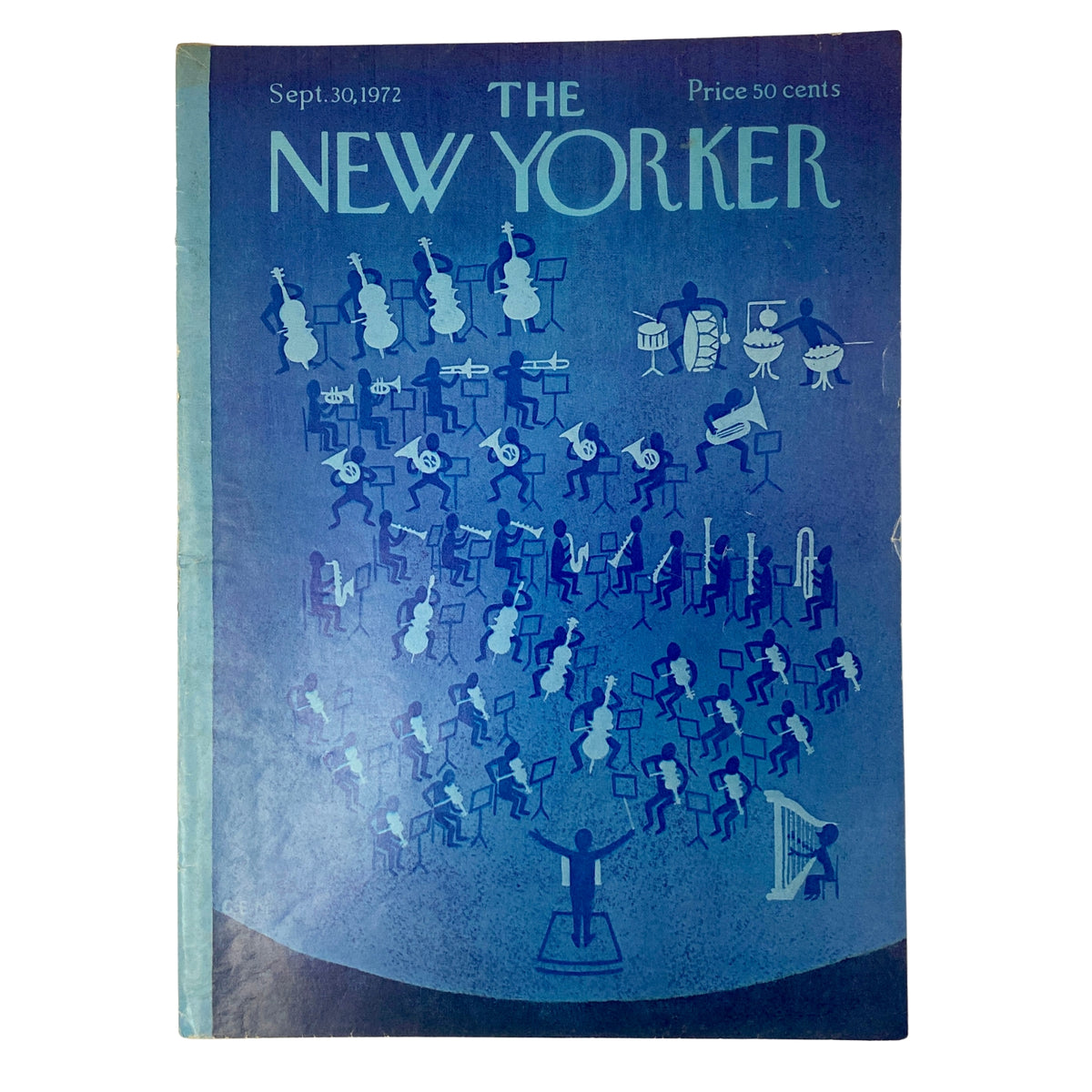 The New Yorker Full Magazine September 30, 1972 Charles E. Martin Cover featuring an illustrated orchestra scene in blue tones, highlighting Charles E. Martin's whimsical cover art.