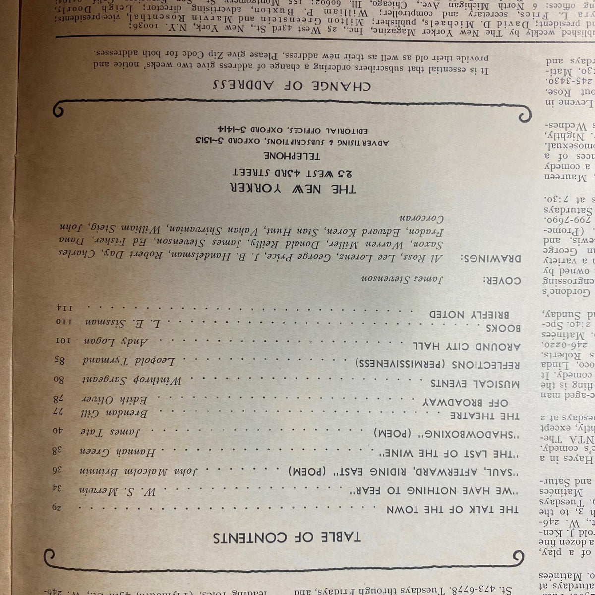 Table of Contents page from The New Yorker Full Magazine October 31, 1970, outlining articles and features included in the issue.