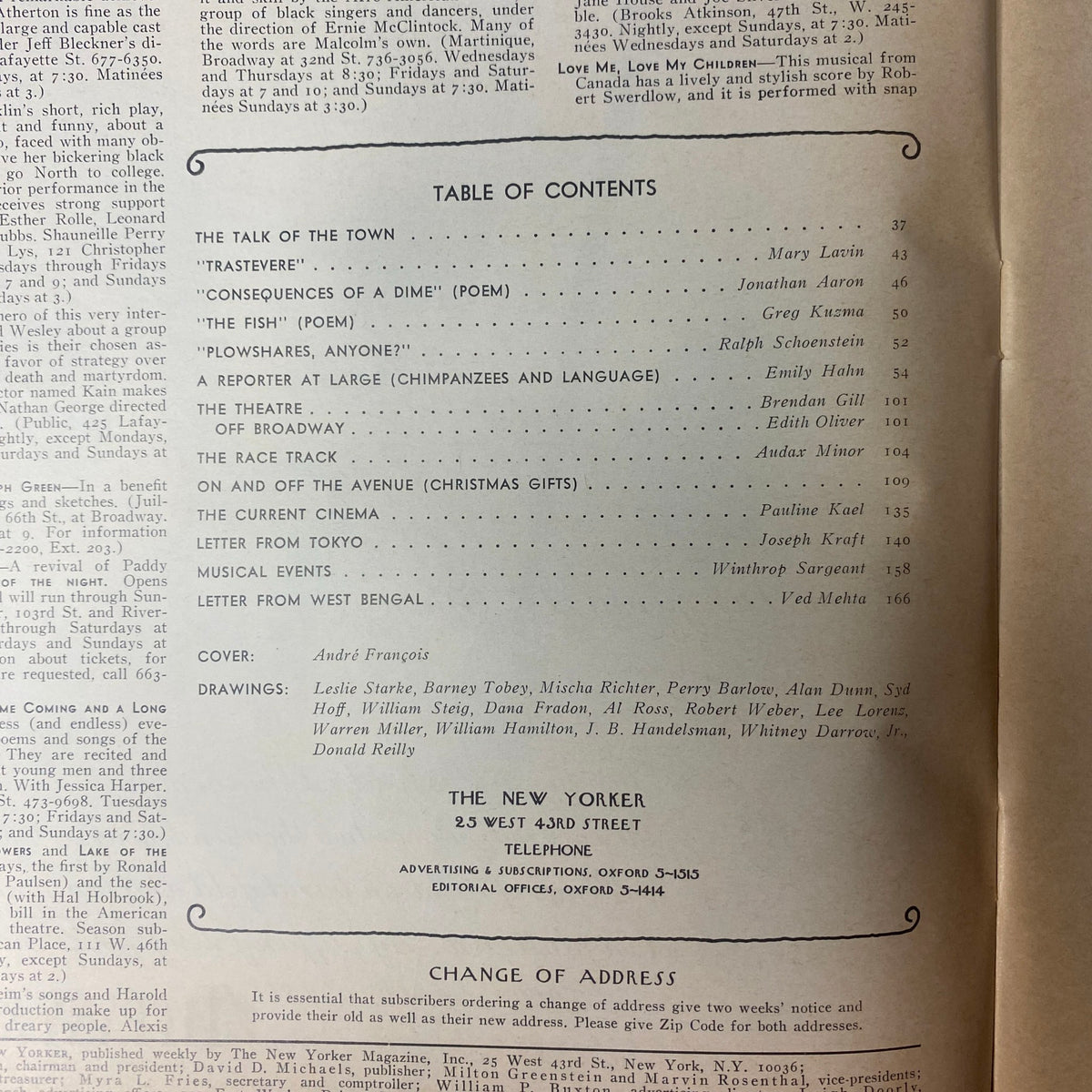 The New Yorker Full Magazine December 11, 1971 Table of Contents, showcasing featured articles and illustrations from prominent contributors, including Mary Lavin and Pauline Kael.
