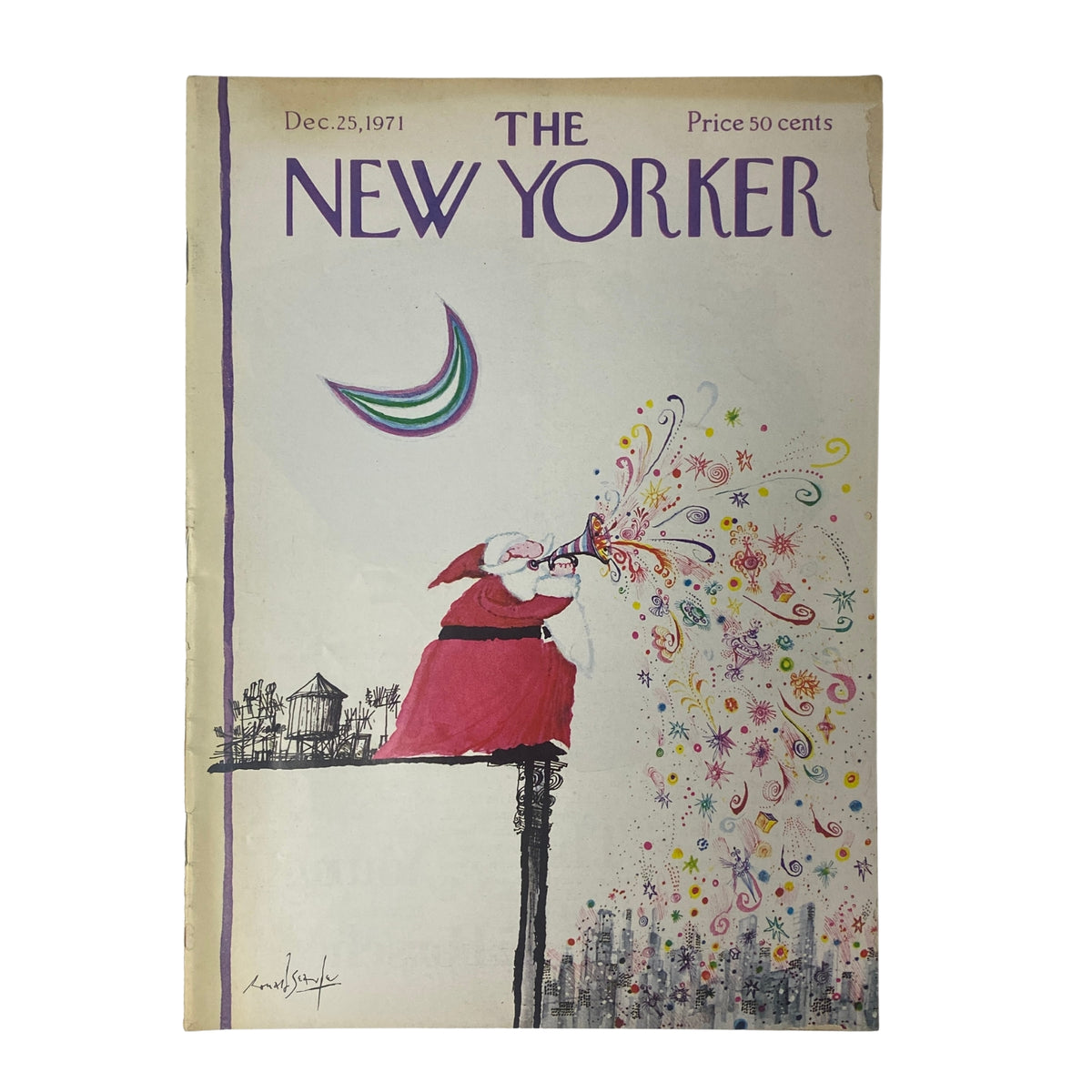Cover of The New Yorker magazine December 25, 1971 featuring an illustration by Ronald Searle, depicting Santa Claus celebrating with colorful fireworks.