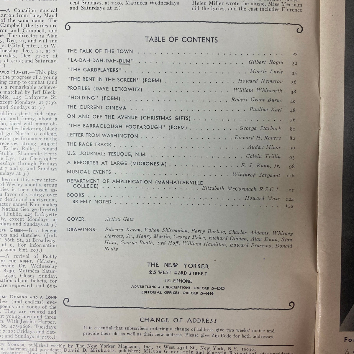 Table of Contents from The New Yorker Full Magazine December 18, 1971, showcasing featured articles, poetry, and contributors in a detailed layout.