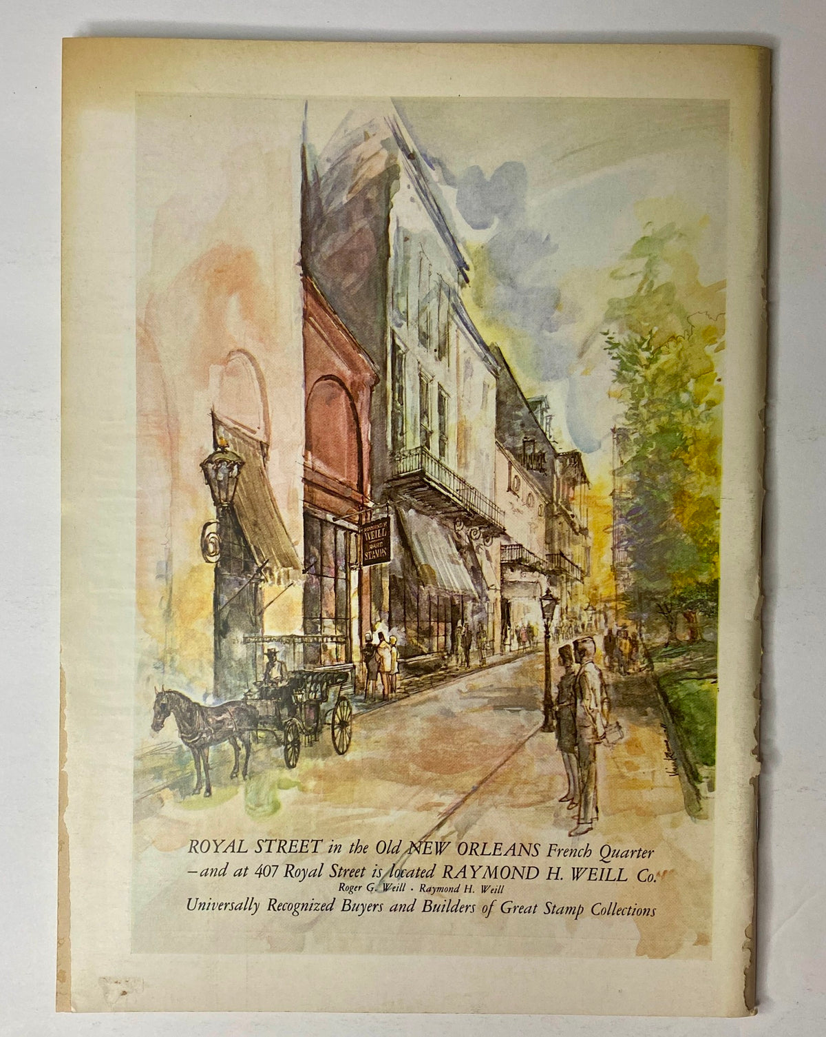 Illustration of Royal Street in the Old New Orleans French Quarter featured on the cover of The New Yorker Full Magazine December 18, 1971, by Arthur Getz. The artwork reflects a colorful street scene with horse-drawn carriage, showcasing the charm of New Orleans.