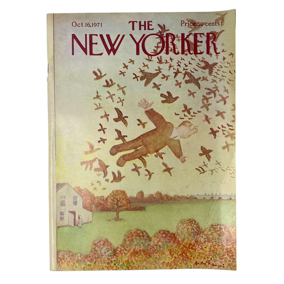 The New Yorker Full Magazine October 16, 1971 cover featuring an illustration by André François, showcasing a whimsical scene with a man floating amidst birds against a pastoral background.