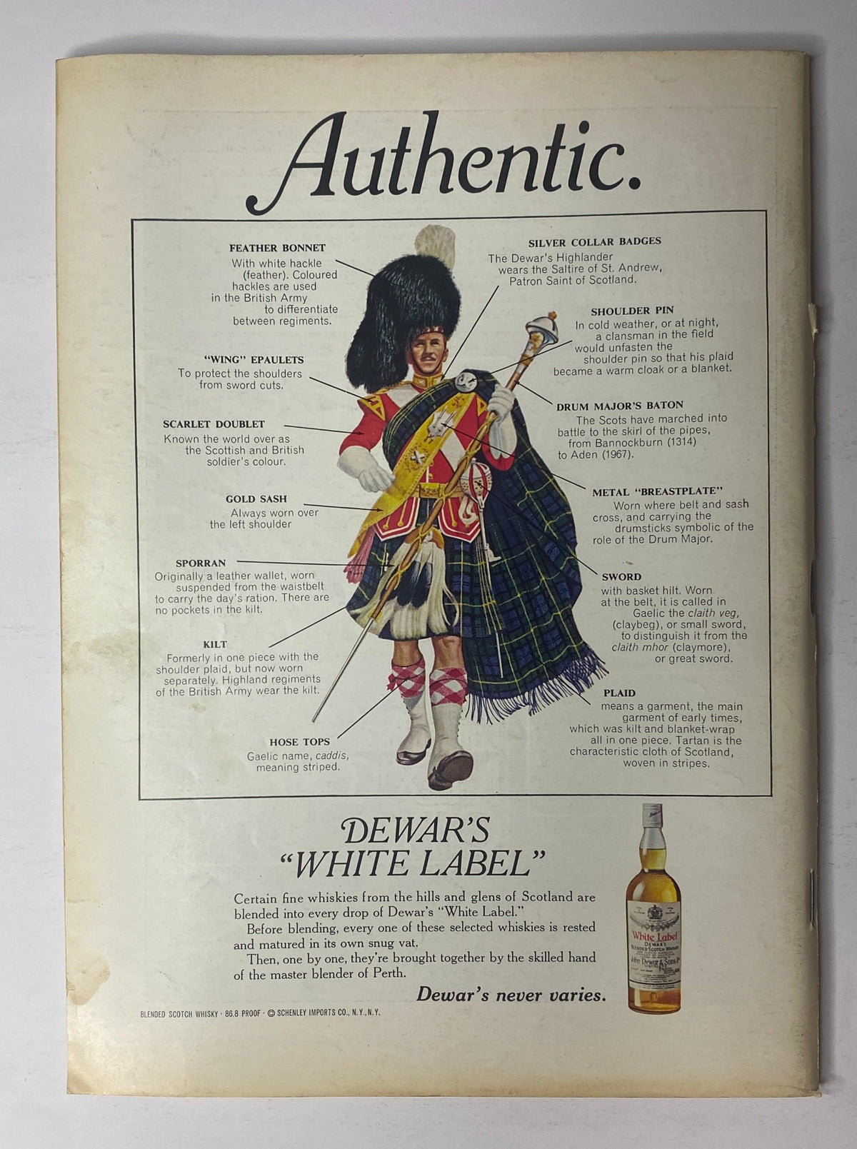 Back cover of The New Yorker Full Magazine October 16, 1971 featuring an advertisement for Dewar's White Label whisky, showcasing a Scottish soldier in traditional attire.