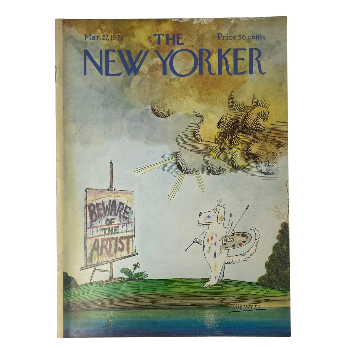 The New Yorker Full Magazine March 27, 1971 featuring a Saul Steinberg cover illustration depicting a whimsical character and text stating 'BEWARE OF THE ARTIST'. This collectible magazine is in good condition and showcases the distinct artistic style of Steinberg.