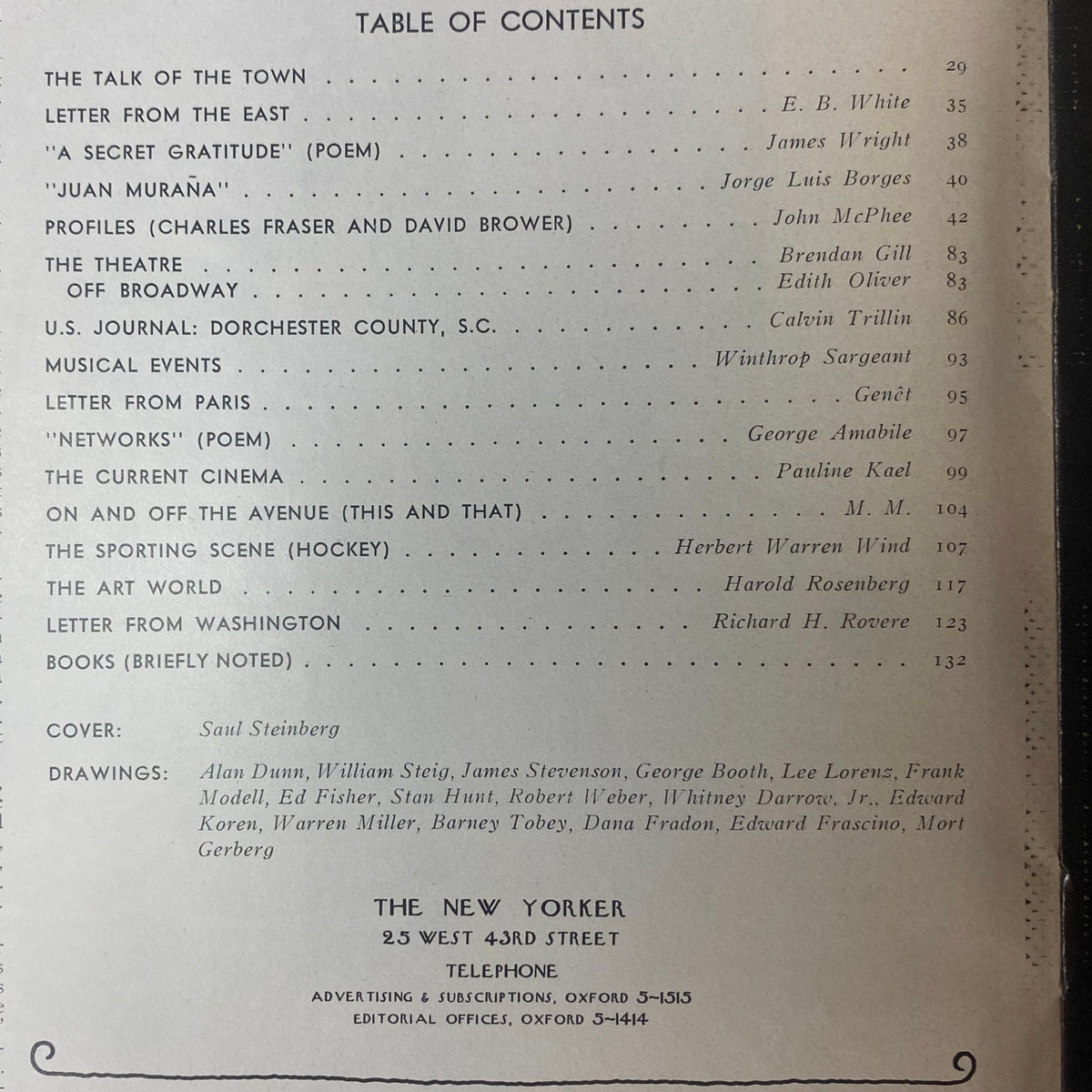 Table of Contents page from The New Yorker Full Magazine March 27, 1971, listing notable contributions including essays and poetry by E. B. White, John McPhee, and Pauline Kael, along with illustrations by various artists.