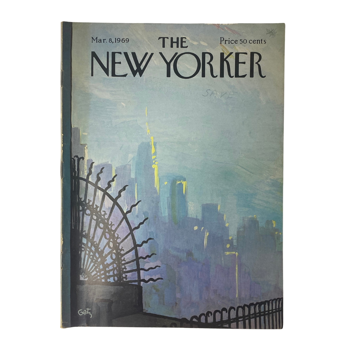 The New Yorker Full Magazine March 8, 1969 Arthur Getz Cover featuring a cityscape illustration with a skyline view and a unique color palette.