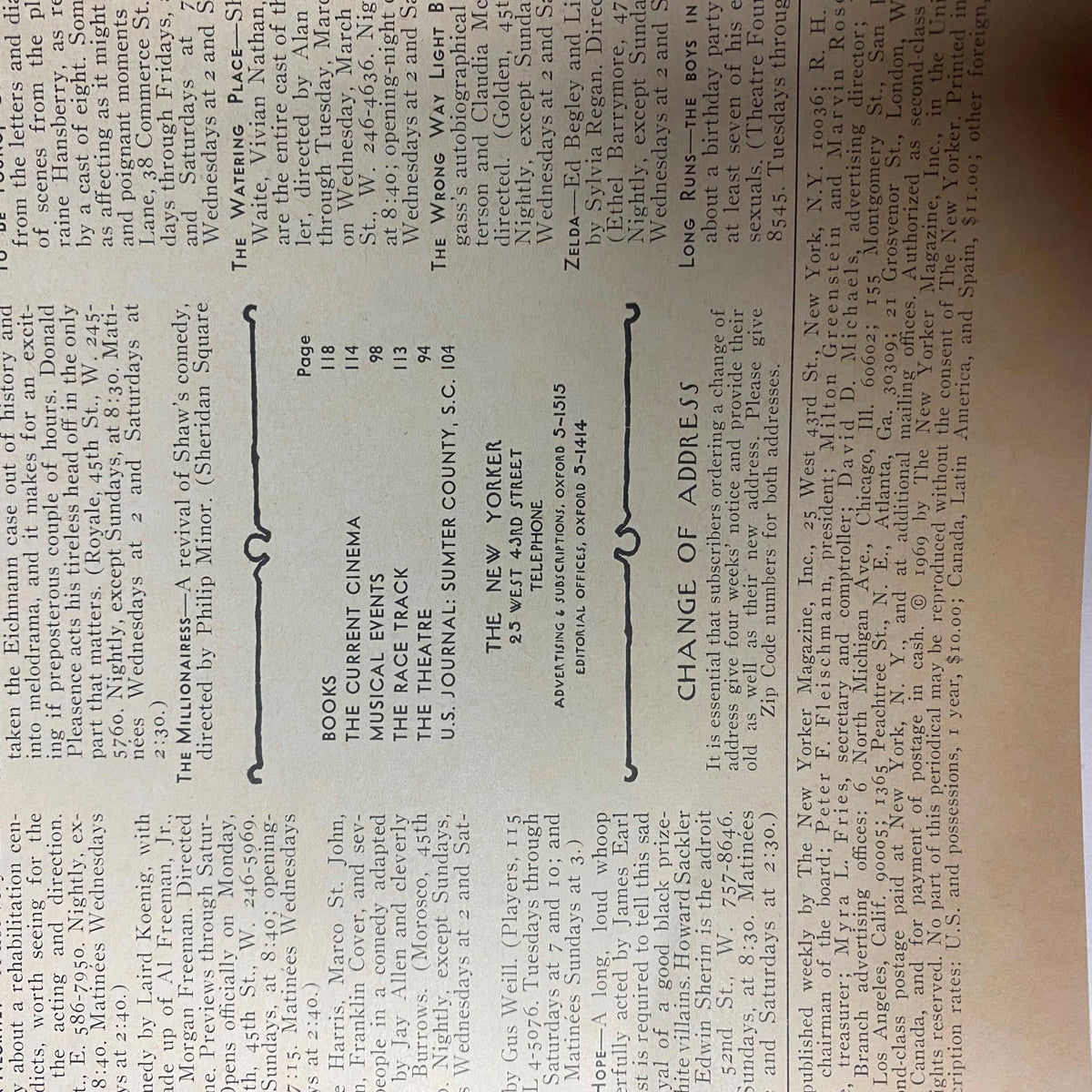 Inside page of The New Yorker Full Magazine March 8, 1969 showing textual content and listings related to film and theatre reviews.