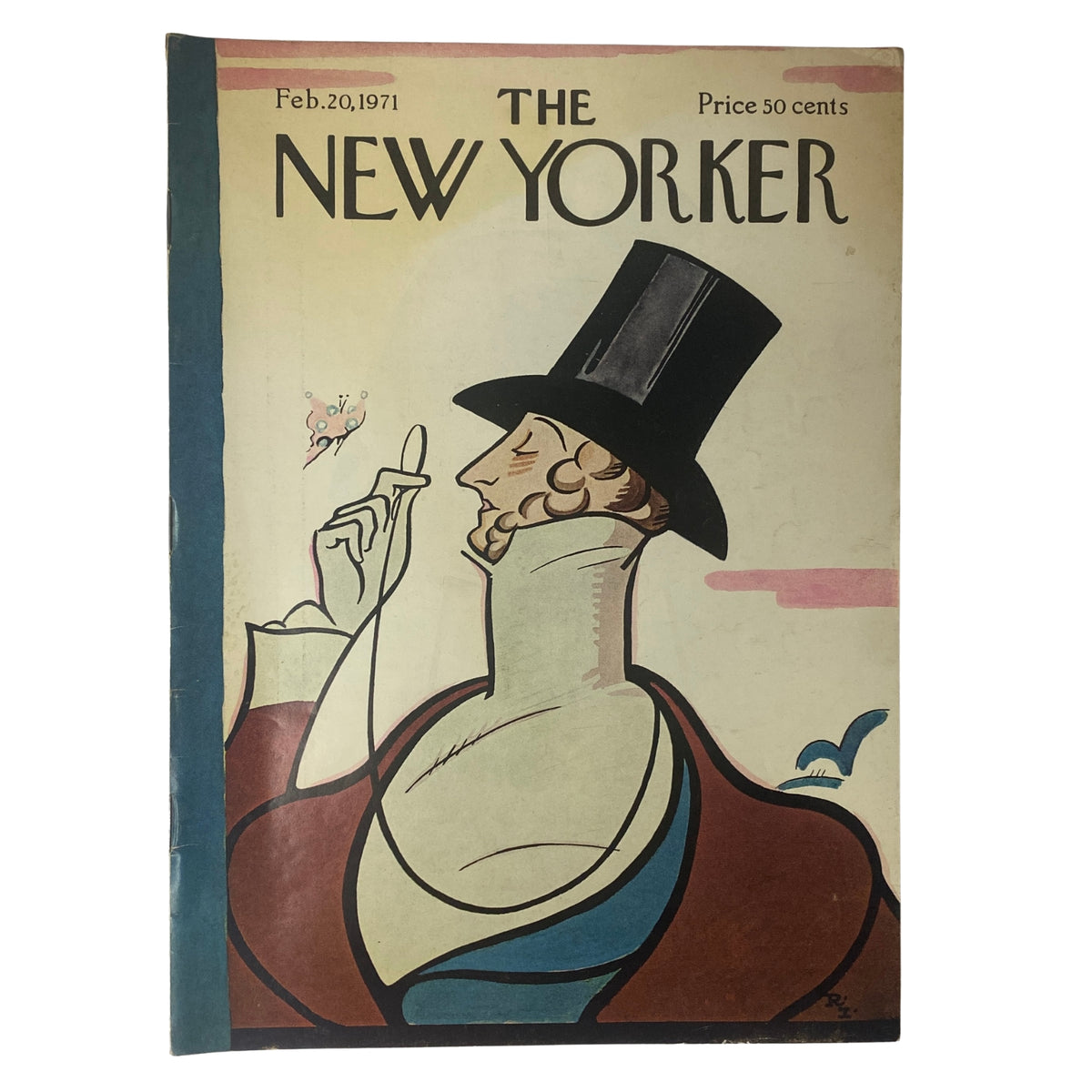 Cover of The New Yorker full magazine from February 20, 1971 featuring a Rea Irvin illustration depicting a dandy character in a top hat, showcasing the magazine's artistic style and historical significance.