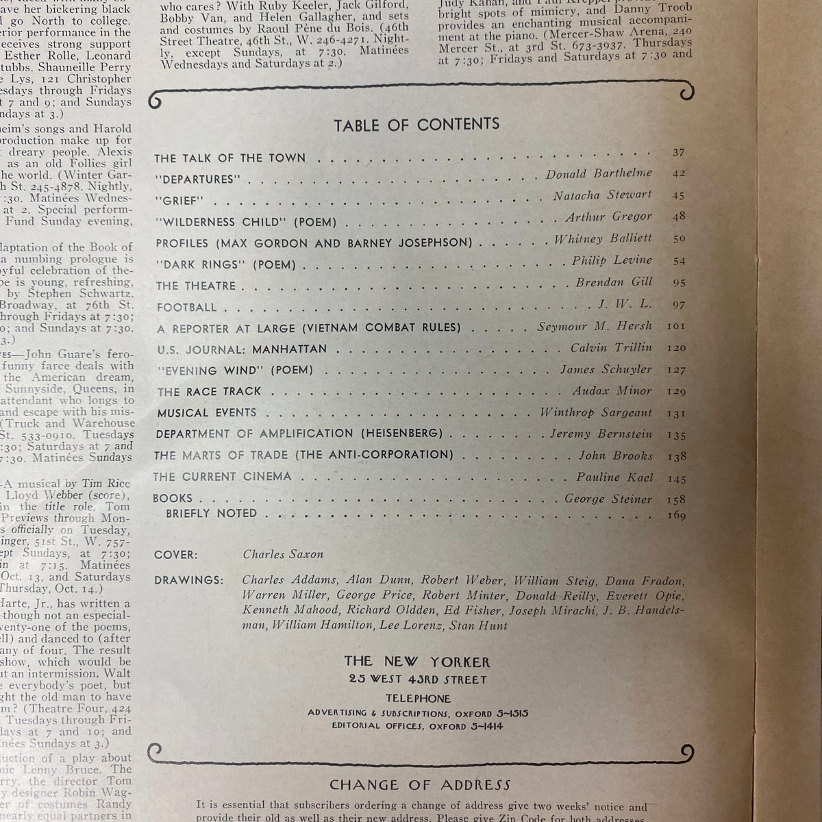 Inside page of The New Yorker Full Magazine October 9, 1971 displaying the table of contents, listing notable articles and contributors such as Donald Barthelme and Seymour M. Hersh.