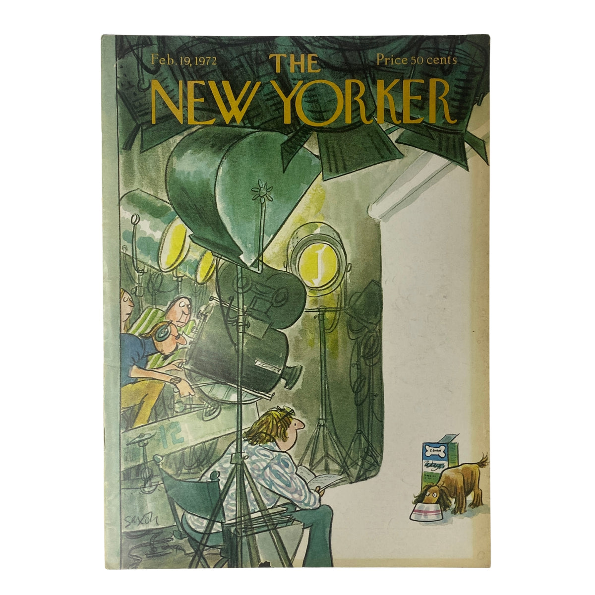 Cover of The New Yorker magazine dated February 19, 1972, featuring an illustration by Charles Saxon, depicting a humorous scene in a film studio environment.