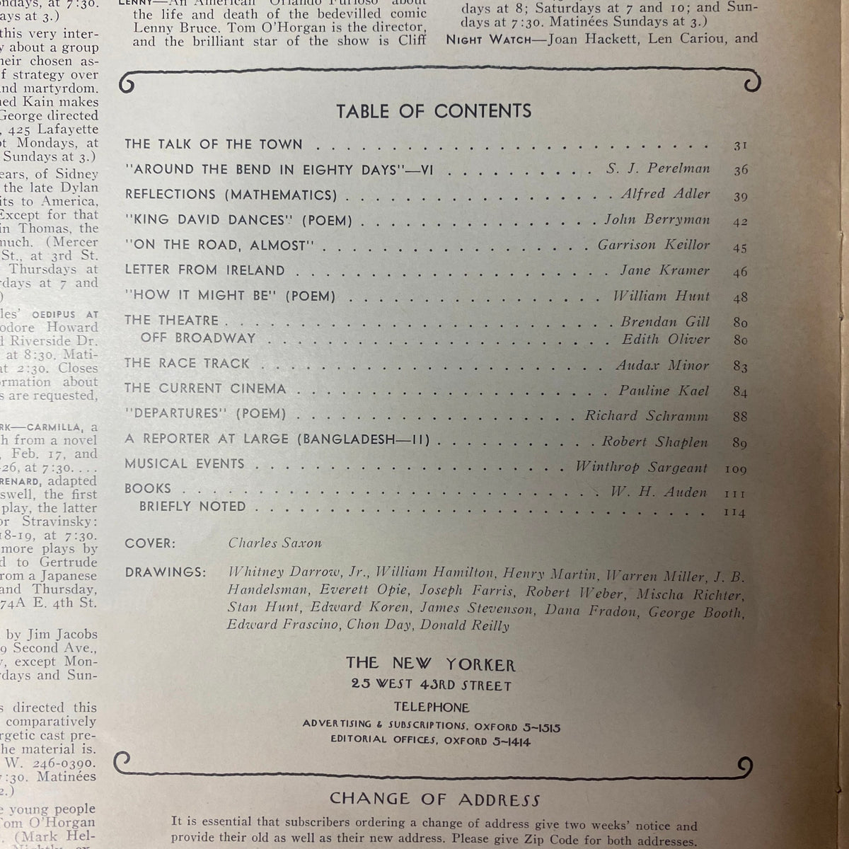 Table of Contents from The New Yorker magazine, February 19, 1972, detailing featured articles, contributors, and artwork, highlighting the literary content and artistic illustrations of the issue.