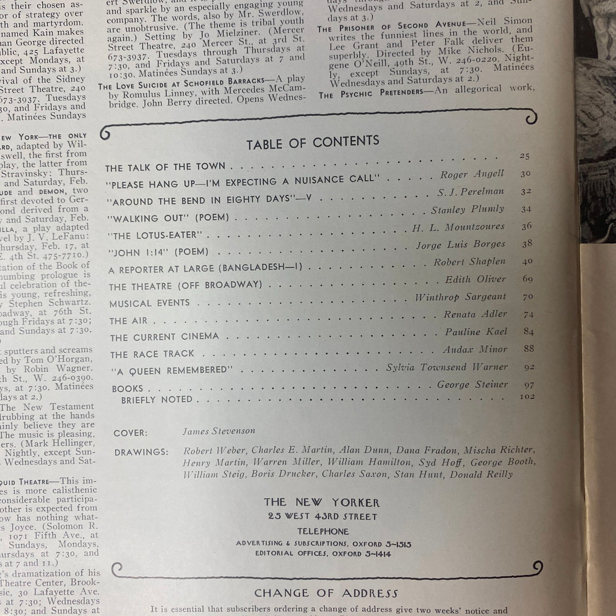 Table of contents page for The New Yorker magazine, February 12, 1972, listing featured articles and contributors such as Roger Angell, Jorge Luis Borges, and Pauline Kael.