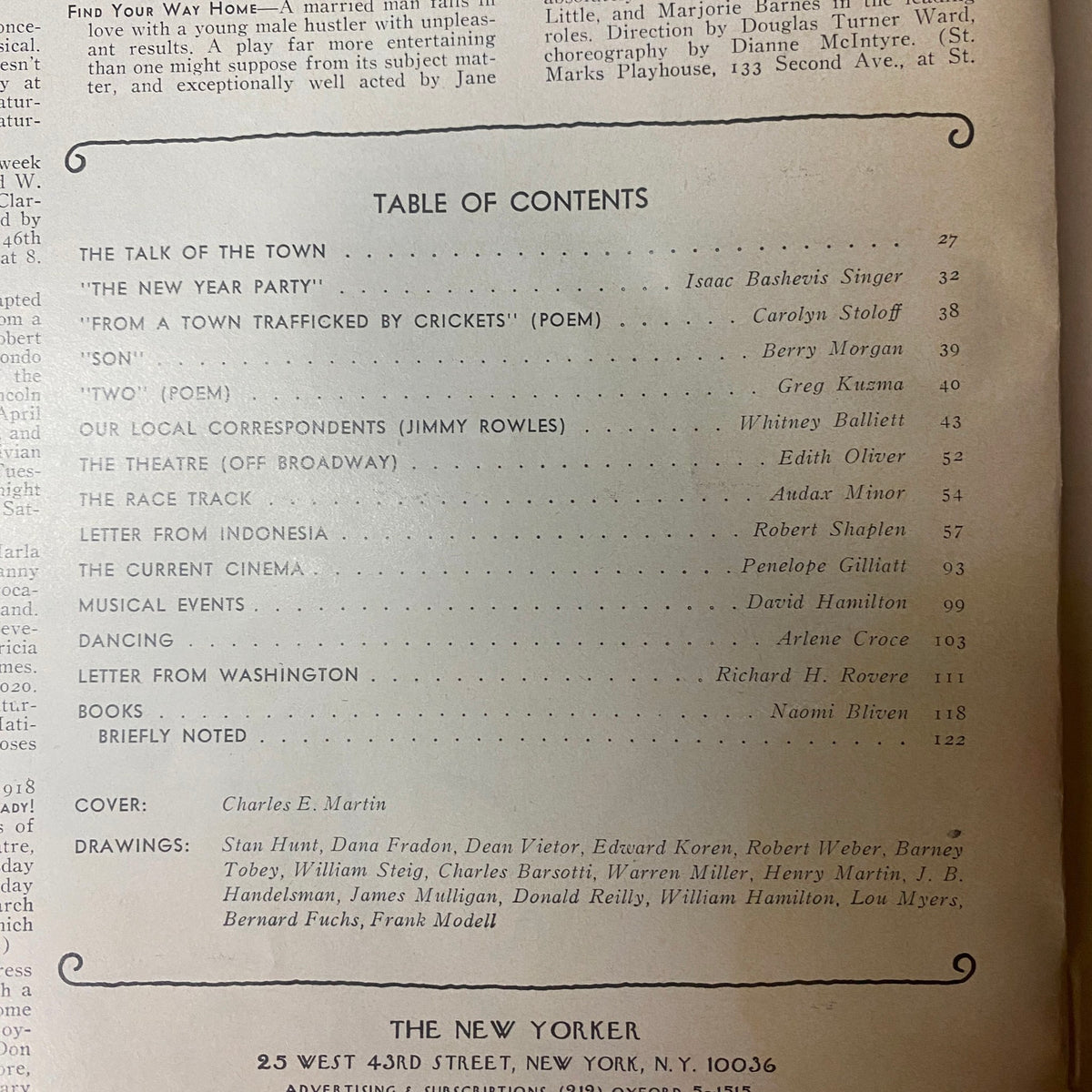 Table of Contents from The New Yorker Full Magazine April 1, 1974, detailing sections including fiction and poetry by notable authors such as Isaac Bashevis Singer and Carolyn Stoloff.