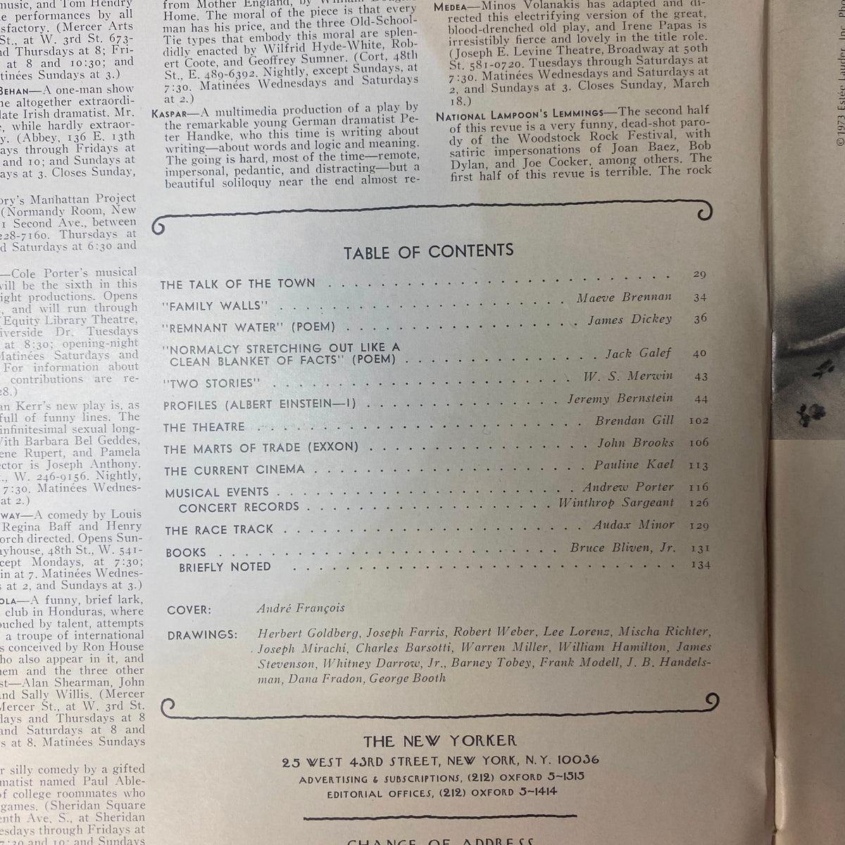 Table of Contents from The New Yorker Full Magazine March 10, 1973, listing literary works, profiles, and notable contributors, including Maeve Brennan and Jeremy Bernstein.