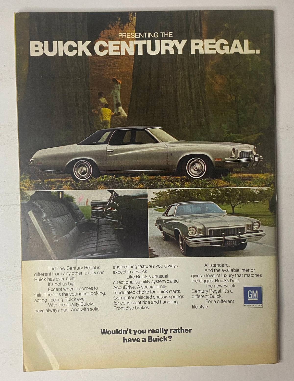 Buick Century Regal advertisement showing a stylish car interior and exterior, promoting features of the model, included in The New Yorker Full Magazine March 3, 1973.