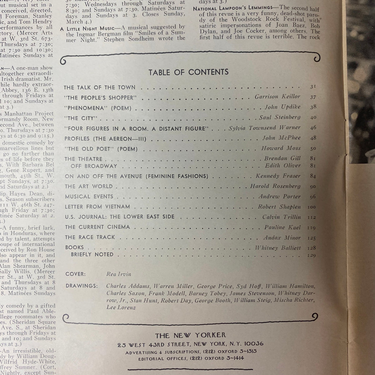 Table of Contents from The New Yorker Full Magazine February 24, 1973 Rea Irvin Cover, detailing featured articles, poems, and contributions from notable writers.