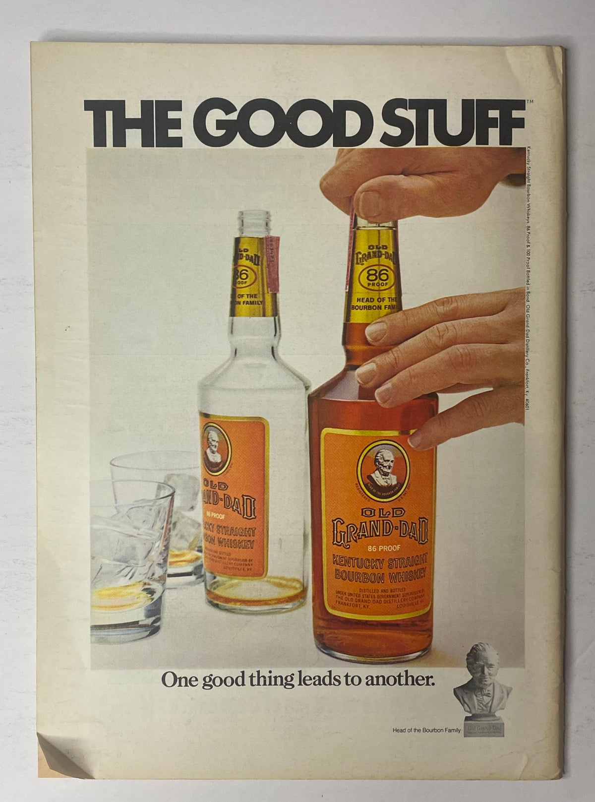Advertisement for Grand-Dad bourbon whiskey in The New Yorker Full Magazine February 17, 1973, showcasing two bottles of whiskey with glasses.
