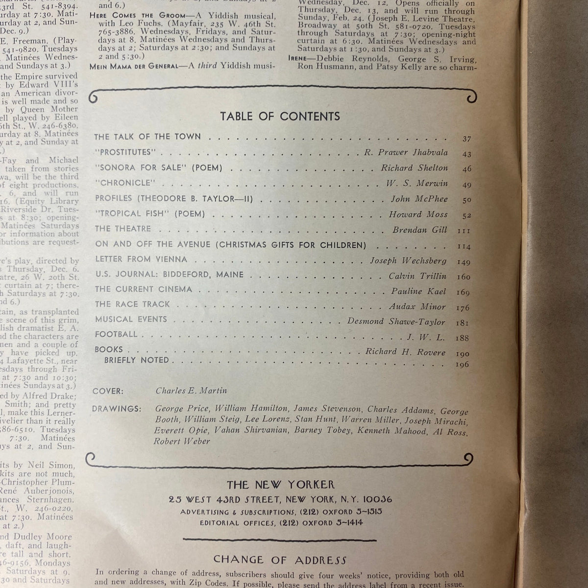 Table of Contents page from The New Yorker Full Magazine December 10, 1973 displaying article titles and contributors.