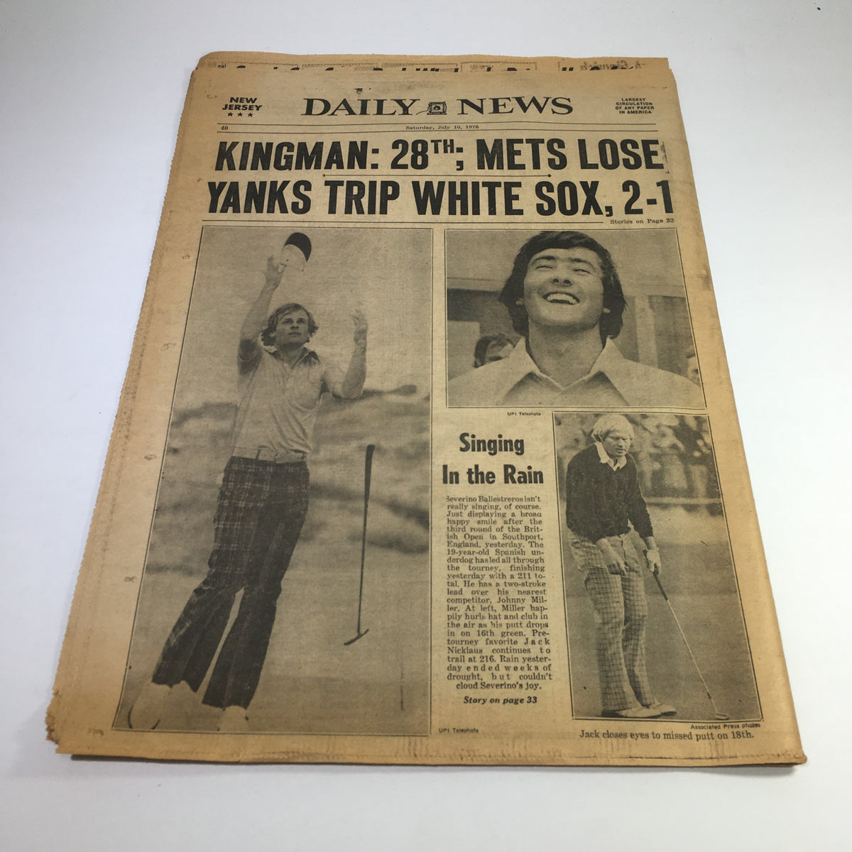 NY Daily News feature highlighting sports news including the New York Mets losing to the Yankees 2-1, with a focus on golfer Jack Nicklaus. The headline reads 'Kingman: 28th Mets Lose Yanks Trip White Sox, 2-1'.