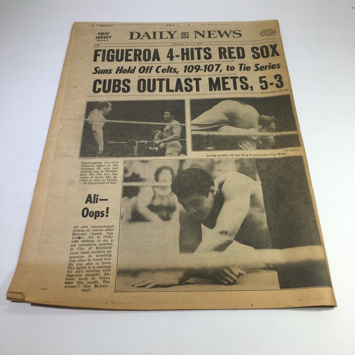 NY Daily News June 3 1976 newspaper depicting the sports headline 'Figueroa 4-Hits Red Sox; Cubs Outlast Mets, 5-3.' The photograph showcases the newspaper's cover with sports imagery and historical context.