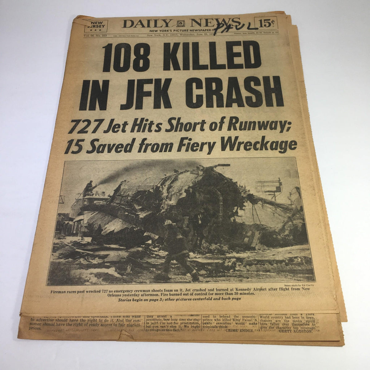 NY Daily News from June 25, 1976 - Headline: 108 killed in JFK crash with image of the wreckage of a plane, capturing the historical significance of aviation accidents.
