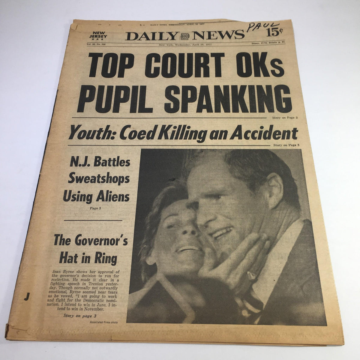 NY Daily News April 20 1977 headline reads 'TOP COURT OKs PUPIL SPANKING' featuring a photograph of Mr. and Jean Byrne. This historic newspaper discusses a court ruling on student corporal punishment.