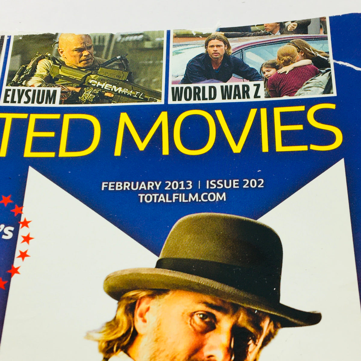 Top corner of Total Film Magazine February 2013 #202 displaying the issue number and date, emphasizing featured films like Elysium and World War Z.
