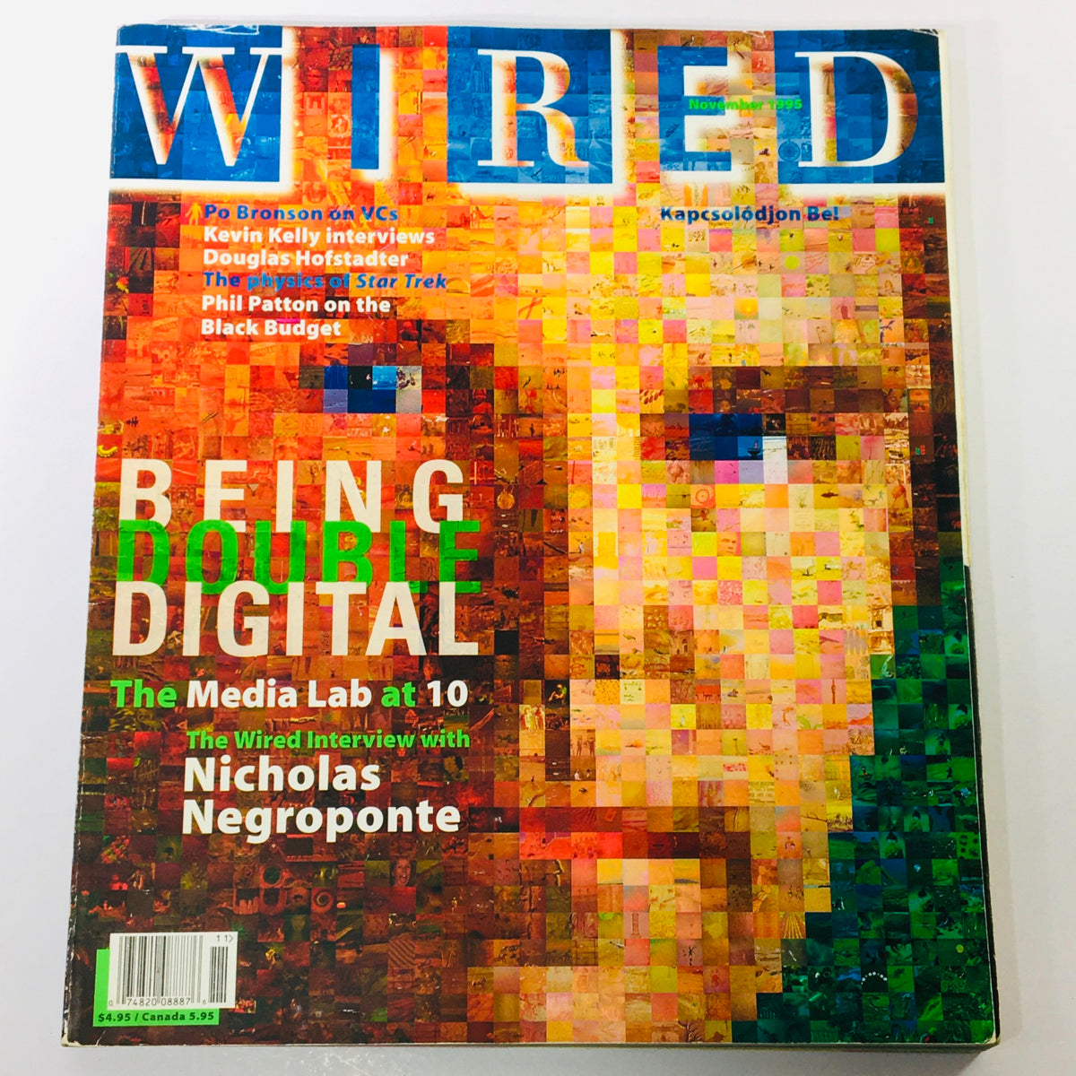 Cover of Wired Magazine November 1995, Volume 3, Issue 11 featuring the title 'Being Double Digital' by Nicholas Negroponte, showcasing a vibrant mosaic design and text highlighting technology and media.