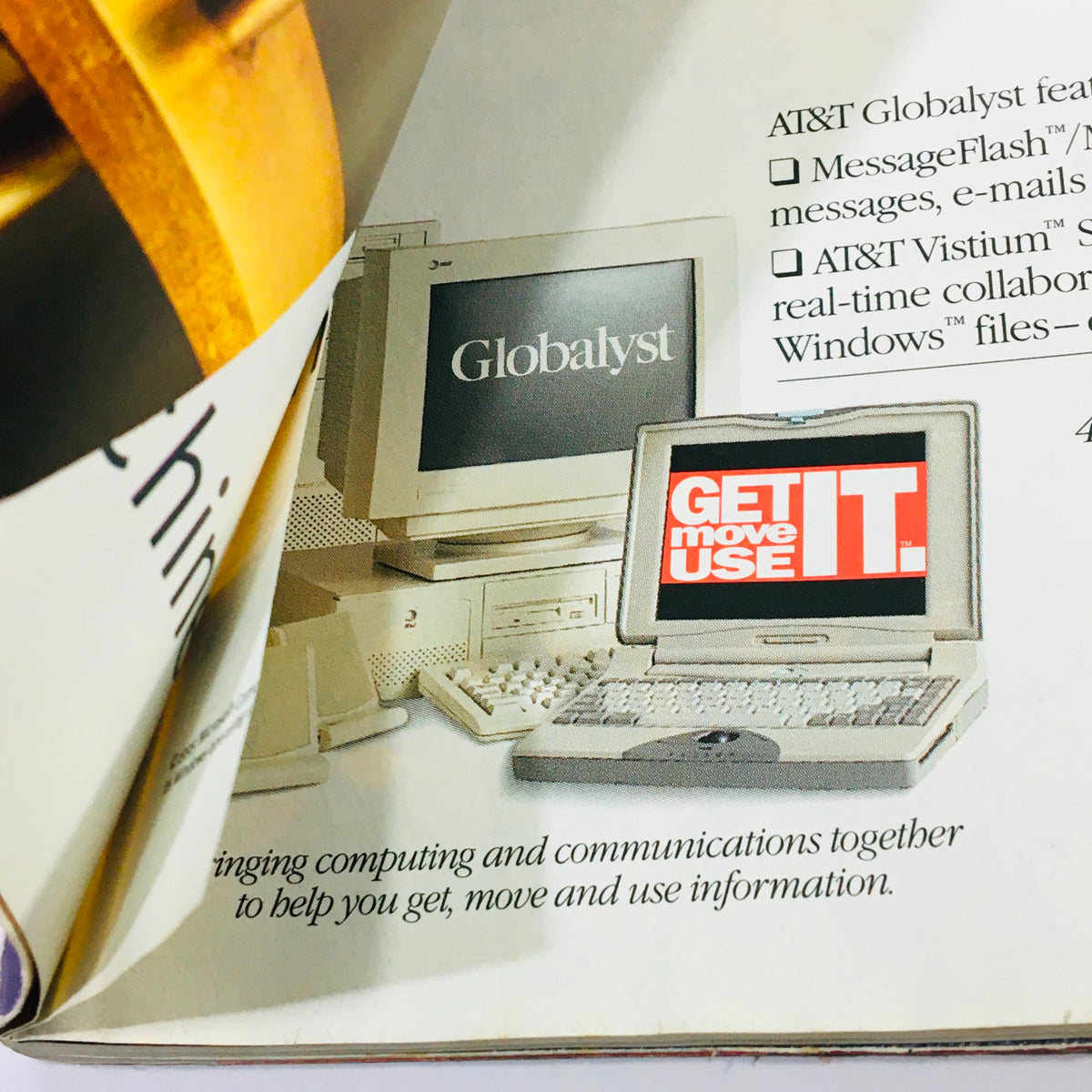 Wired Magazine July 1995 Vol 3 #7 featuring a vintage AT&T Globalyst advertisement showcasing old computer technology and the slogan 'GET move USE IT', representing the technological landscape of the 1990s.