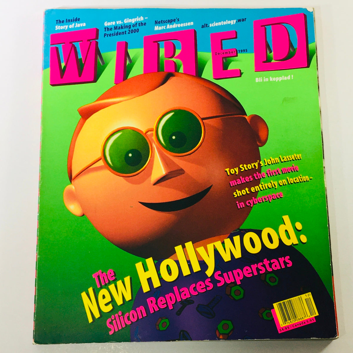 Wired Magazine December 1995 Vol 3 #12 featuring Toy Story's John Lasseter, showcasing a vibrant cover with a cartoon character against a colorful background and bold text emphasizing Silicon's impact on Hollywood.