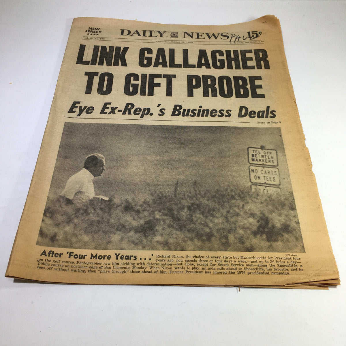 NY Daily News front page from 10/27/76 titled 'Link Gallagher to Gift Probe: Eye Ex-Rep's Business Deals'. The newspaper features an image of Richard Nixon and discusses political themes.