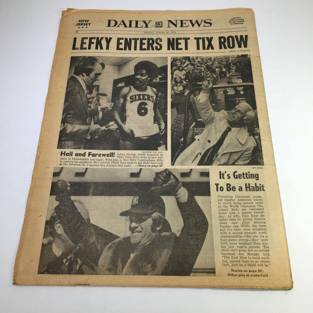 NY Daily News cover showcasing various images under the headline 'Leftky Enters Net Tix Row', highlighting events and notable individuals in sports, reflecting the cultural moments of its time.