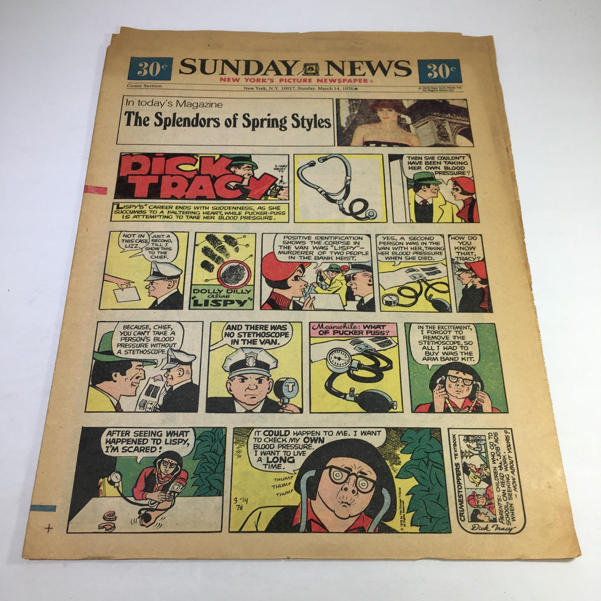 Cover of Sunday News: March 14 1976 showcasing the theme 'The Splendors Of Spring Styles' with comic strips including Dick Tracy.