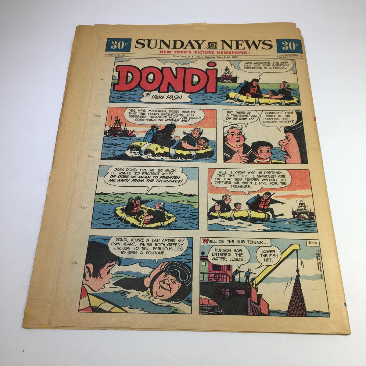 Page from Sunday News: March 14 1976 featuring the comic strip 'Dondi' on a scenic water backdrop.