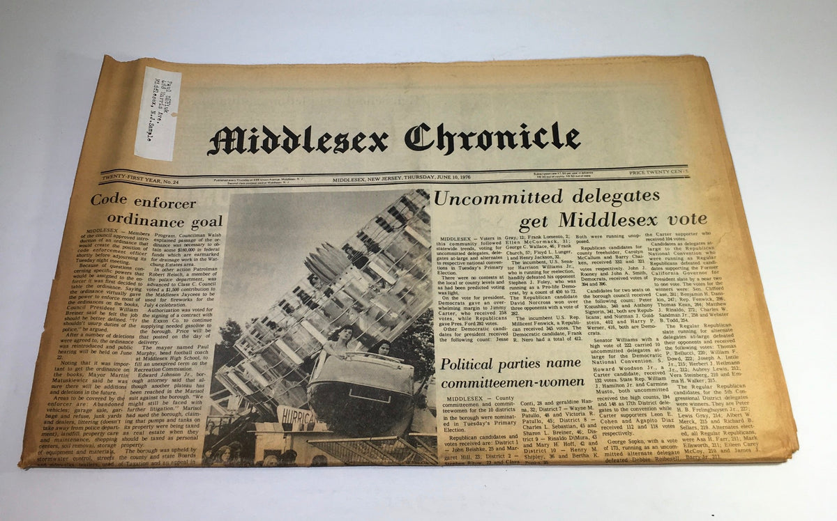 Middlesex Chronicle newspaper from June 10, 1976, featuring headlines about uncommitted delegates and the Middlesex vote, along with a photo of a large ship.