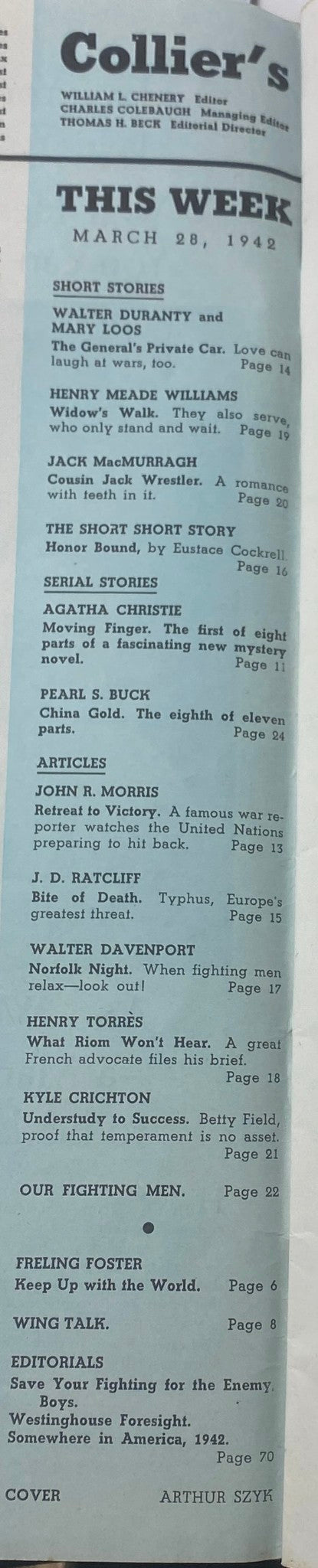 VTG Collier's Magazine March 28, 1942 contents page highlighting featured stories and articles including Agatha Christie's 'Moving Finger' and Walter Duranty's 'The General’s Private Car'.