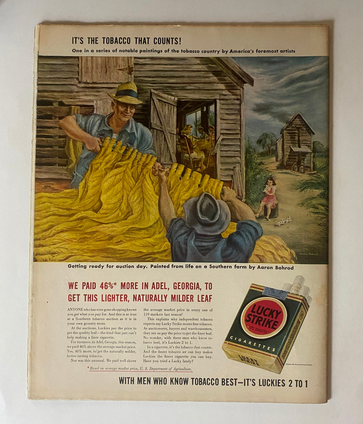Back cover of Collier's Magazine February 28, 1942, showcasing an advertisement for Lucky Strike cigarettes with artwork depicting tobacco preparation on a Southern farm.