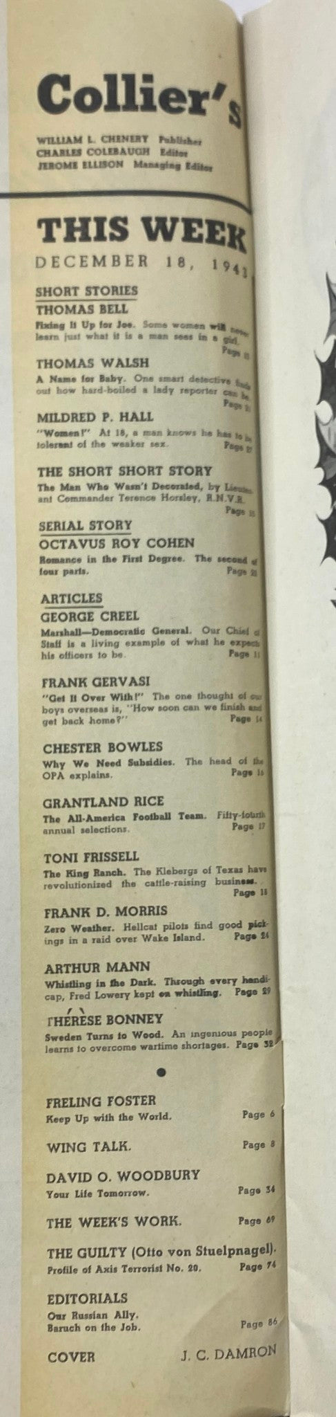 Table of contents from VTG Collier's Magazine December 18, 1943 listing featured articles and stories including 'Fixing It Up for Joe' and 'Why We Need Subsidies'.