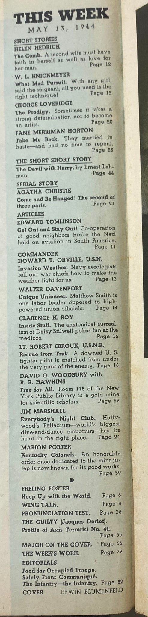 Interior page listing contents of the VTG Collier's Magazine from May 13, 1944, showcasing articles and short stories, including contributions from Helen Hedrick and Commander Howard T. Orville.