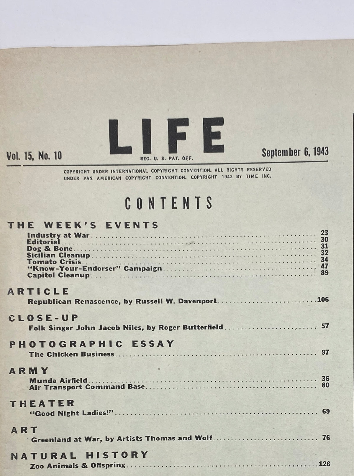 Table of contents from VTG Life Magazine September 6, 1943 Vol 15 No. 10, outlining features such as industry at war and detailed articles.