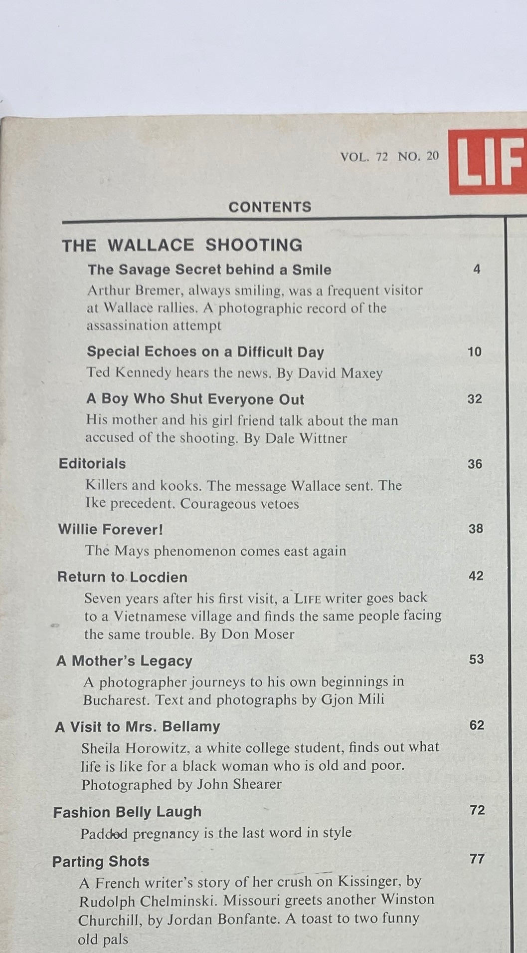 Table of contents from VTG Life Magazine May 26, 1972, highlighting articles related to 'The Wallace Shooting' and reflections on significant political events.