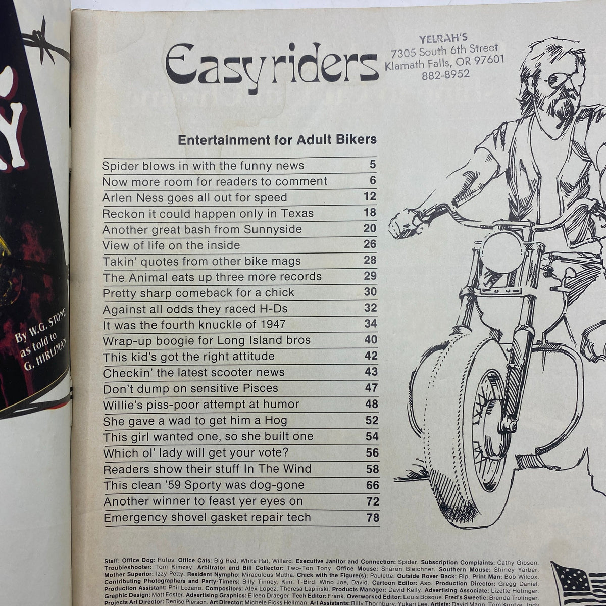 Contents page of VTG Easyriders Magazine March 1983, listing various articles including insights into motorcycle culture and customization.